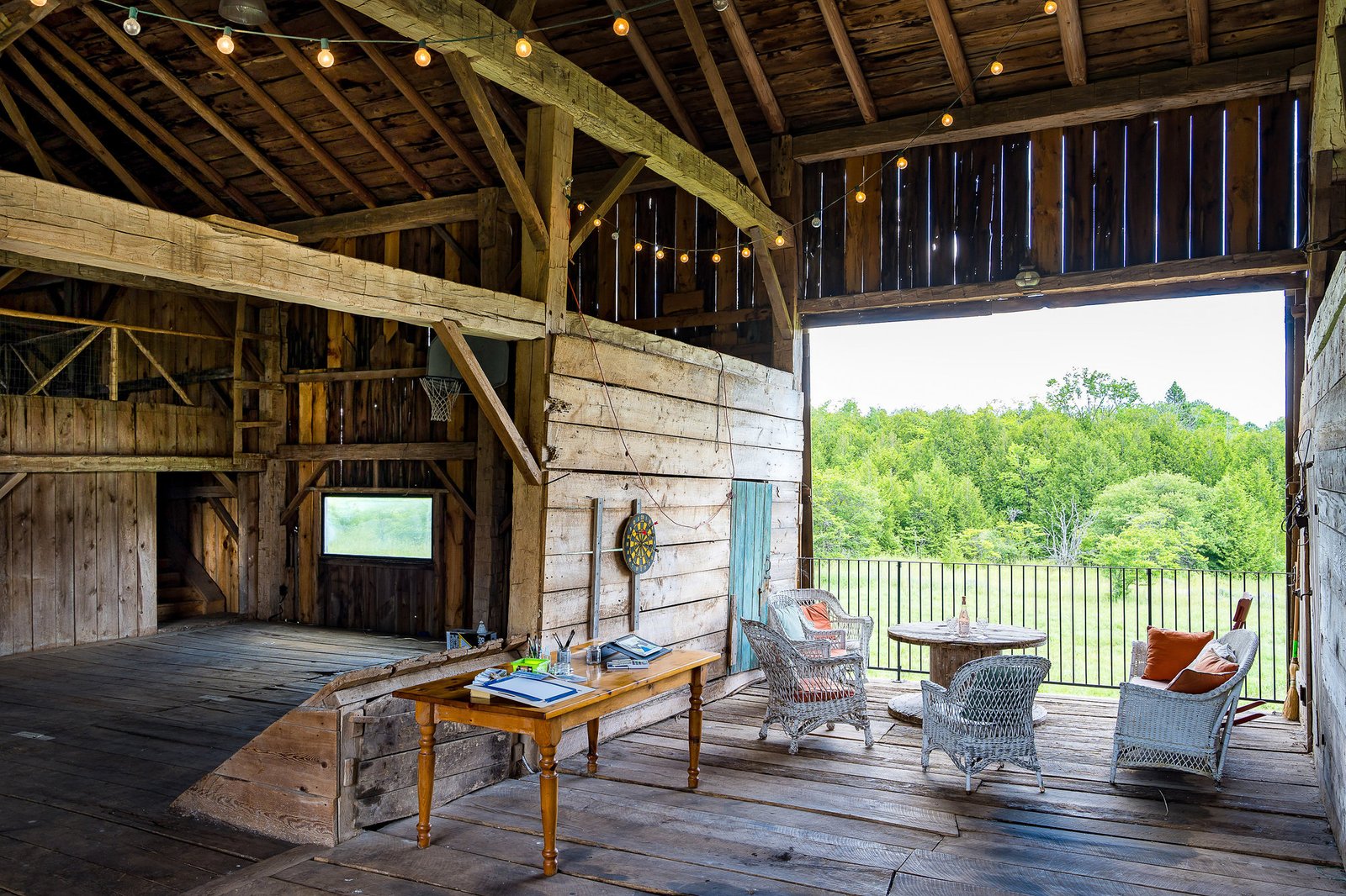 Barn interior with string lights